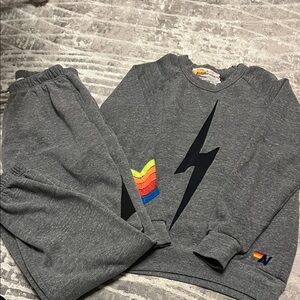 Aviator Nation Gray Sweatshirt&sweat pant with Lightning Bolt and Rainbow Sleeve